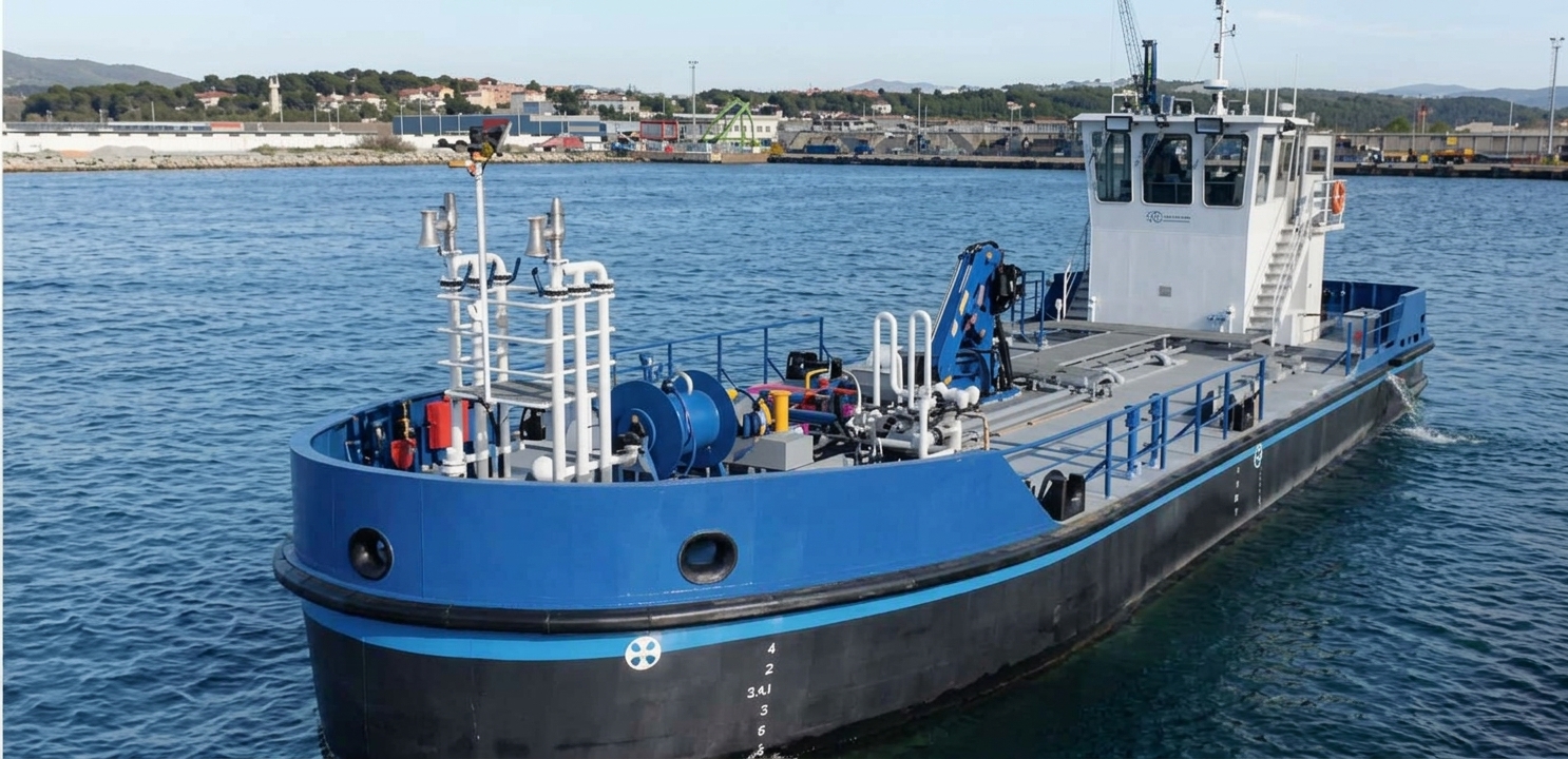 Marpol gemisi - atık toplama ve sintine toplama gemisi, hidrolik vinç ve kablo tamburu donanımlı çelik iş teknesi